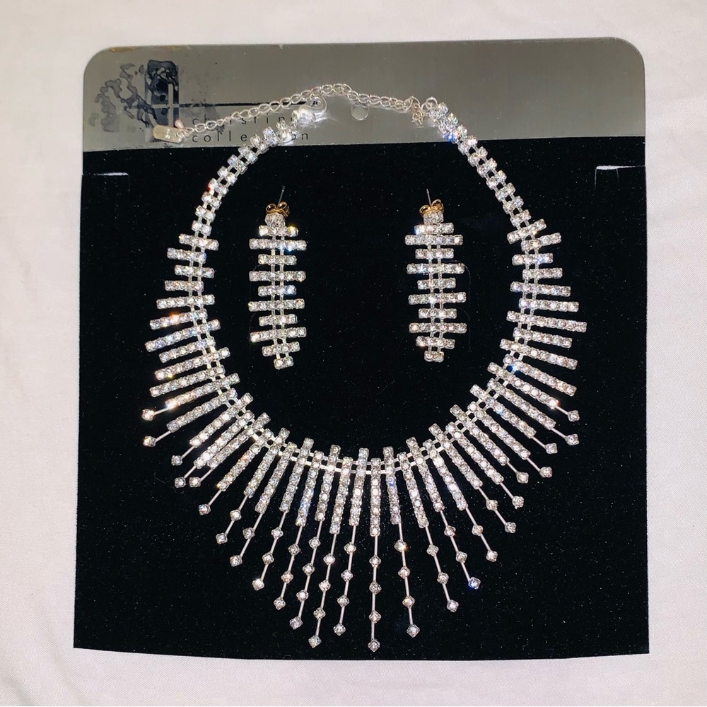 Silver-toned crystal rhinestone formal evening wedding necklace & earrings set